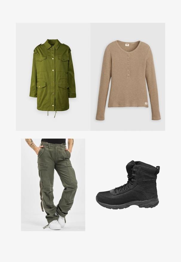 Grøn, langærmet militærstil jakke lavet af bomuld. Har to brystlommer, trykknapper, skulderstropper og snor i kanten.; Beige henley-shirt i vaffelstrik med lange ærmer, rund halsudskæring og fem-knaps lukning, vist fladt mod hvid baggrund.; Olivengrønne cargo-bukser med flere lommer, snøre i taljen og afslappet pasform. Stoffet har en blød tekstur og en robust, holdbar fremtoning.; Sort high-top taktisk støvle med mesh- og ruskindspaneler, snørelukning foran, polstret krave og robust gummisål.