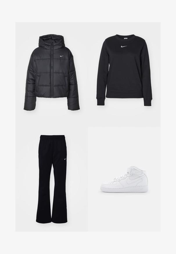 Sort pufferjakke lavet af nylon, med lynlåslukning foran, hætte og to forlommer. Designet inkluderer syede sektioner og et lille logo.; Sort sweatshirt lavet af bomuldsblanding, med ribbede manchetter og kant, rund halsudskæring og sølvfarvet Nike-logo på brystet.; Sorte sweatpants med elastisk talje, udvidede ben, to side lommer og et hvidt Nike-logo på venstre side.; Hvide høj-top sneakers lavet af læder med polstret krave, perforeret tå, snørebånd og justerbar ankelrem; logo på siden.