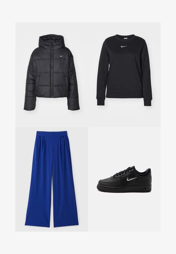 Sort pufferjakke lavet af nylon, med lynlåslukning foran, hætte og to forlommer. Designet inkluderer syede sektioner og et lille logo.; Sort sweatshirt lavet af bomuldsblanding, med ribbede manchetter og kant, rund halsudskæring og sølvfarvet Nike-logo på brystet.; Bredde ben bukser i lys blå, lavet af et glat, strækbart stof. Har en elastisk talje og sidelommer for funktionalitet.; Sort lavtop sneaker fra Nike Air med sorte snørebånd, perforeret tå og sølvfarvet Nike swoosh på siden, sat mod en ensfarvet hvid baggrund.