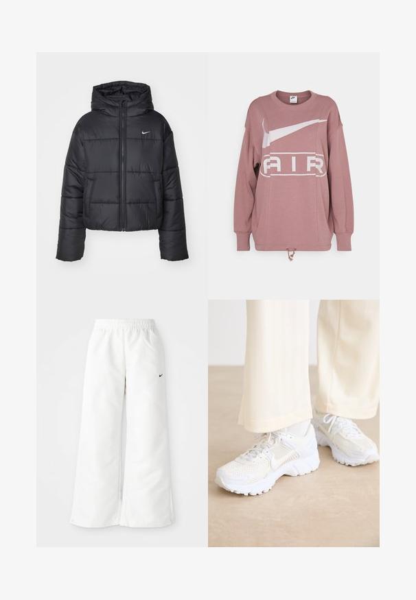 Schwarze Pufferjacke aus Nylon, mit durchgehendem Reißverschluss, Kapuze und zwei Fronttaschen. Das Design umfasst gestickte Abschnitte und ein kleines Logo.; Nike Sportswear AIR CREW - Sweatshirt - smokey mauve; Weiße Sporthose mit weitem Bein, elastischem Bund und kleinem schwarzen Nike-Logo auf der linken Seite. Glattes, leichtes Material.; Weiße Sportschuhe mit einem Netzdesign, strukturierten Oberflächen und unterstützenden Sohlen. Schnürsenkel und dezente Markenkennzeichnung an der Seite.