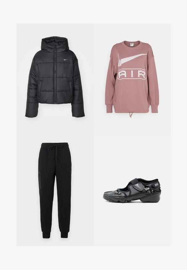 Sort pufferjakke lavet af nylon, med lynlåslukning foran, hætte og to forlommer. Designet inkluderer syede sektioner og et lille logo.; Nike Sportswear AIR CREW - Sweatshirt - smokey mauve; Sorte sweatpants med snoretræk i taljen, lynlåslomme i siden og tætsiddende nederste kant. Fremstillet af blødt, struktureret stof.; Sort Nike Air sko med velcrorem, dekoreret med små sorte blomsterudsmykninger på siden og foran.