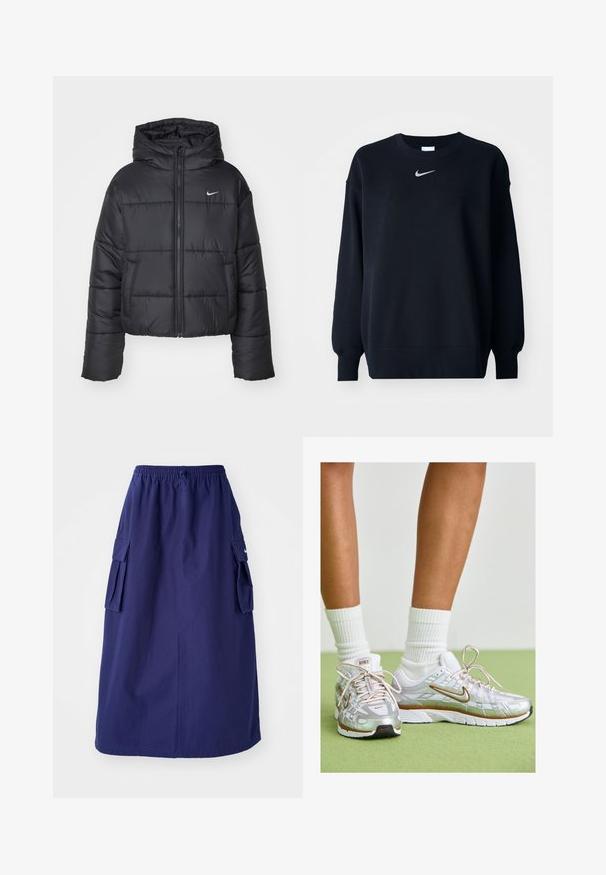Sort pufferjakke lavet af nylon, med lynlåslukning foran, hætte og to forlommer. Designet inkluderer syede sektioner og et lille logo.; Sort sweatshirt lavet af bomuldsblanding; ribbet rund hals, lange ærmer og elastiske manchetter; har et lille sølvfarvet Nike-logo på brystet.; Marineblå, mellemlang nederdel med elastisk talje, der har to sidelommer og et minimalistisk logodesign. Glat stofstruktur.; Sølv atletik sko med hvide og gyldne accenter, der har en mesh-overdel, gummisål og en reflekterende finish. Strømper synlige over anklen.