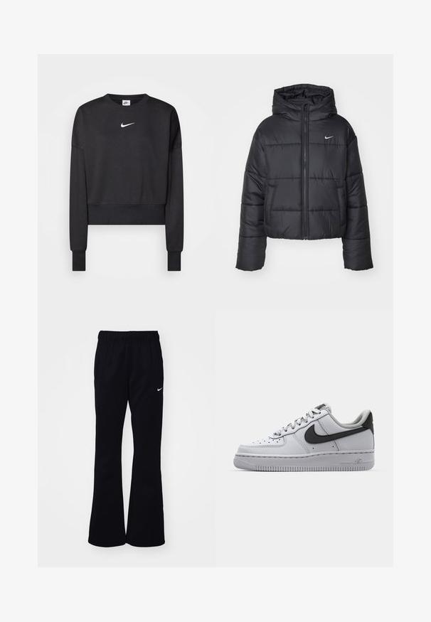 Zwarte pufferjack van nylon, met een rits aan de voorkant, een capuchon en twee vo pockets. Het ontwerp heeft gestikte secties en een klein logo.; Zwarte cropped sweatshirt van een katoenmix, met een ronde halslijn, lange mouwen en een wit Nike-logo op de borst.; Zwarte joggingbroek met een elastische tailleband, uitlopende pijpen, twee zijzakken en een wit Nike-logo aan de linkerkant.; Witte leren sneaker met grijze accenten, ronde neus, textuur op het oppervlak, gewatteerde kraag en contrasterend zwart swoosh-logo. Luchtkussen zool.