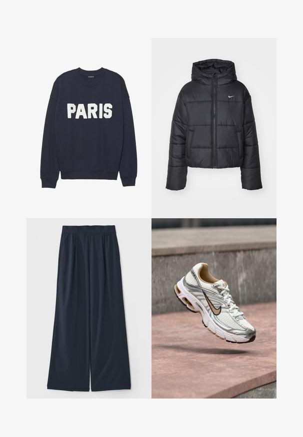 Zwarte pufferjack van nylon, met een rits aan de voorkant, een capuchon en twee vo pockets. Het ontwerp heeft gestikte secties en een klein logo.; Marineblauwe sweatshirt met ribgebreide manchetten en halslijn, met witte fleece letters die "PARIJS" op de voorkant lezen.; Donkerblauwe wijde broek van zacht materiaal; heeft een elastische tailleband en twee zijzakken voor extra gemak.; Witte en zilveren Nike hardloopschoen met een beige swoosh-logo, getoond zwevend boven een stenen oppervlak met een onscherpe grijze muur op de achtergrond.