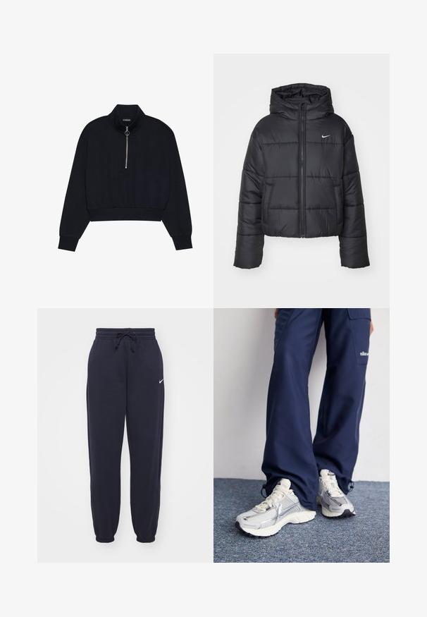 Sort pufferjakke lavet af nylon, med lynlåslukning foran, hætte og to forlommer. Designet inkluderer syede sektioner og et lille logo.; Sort cropped pullover lavet af blødt stof, med en høj krave, en frontlynlås med en sølvfarvet træk, og ribbede manchetter og kant.; Nike joggingbukser i navyblå, lavet af blødt materiale. Har en elastisk talje med snor og manchetter ved anklerne. Lille hvidt logo accenter.; Nike sportssko med en sølvfarvet mesh-overdel, hvide detaljer og strukturerede såler, parret med løstsiddende navy bukser.