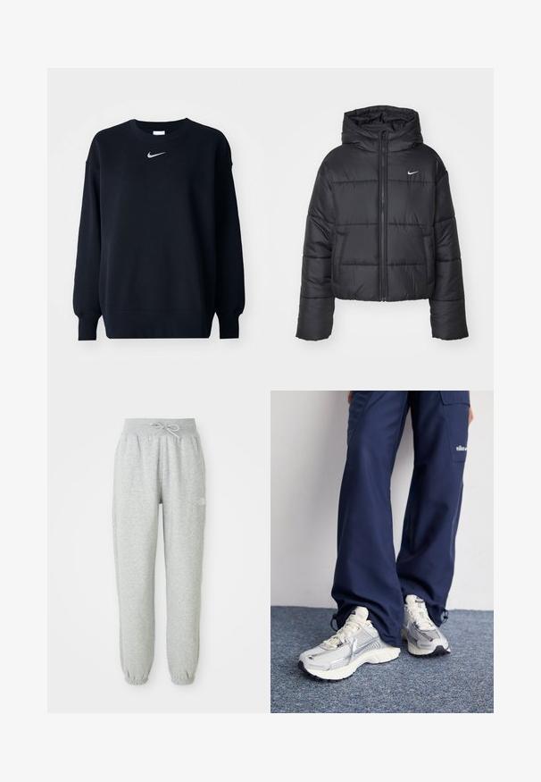Sort pufferjakke lavet af nylon, med lynlåslukning foran, hætte og to forlommer. Designet inkluderer syede sektioner og et lille logo.; Sort sweatshirt lavet af bomuldsblanding; ribbet rund hals, lange ærmer og elastiske manchetter; har et lille sølvfarvet Nike-logo på brystet.; Grå sweatpants med elastisk talje og snøre. Stoffet er blødt, og de har elastiske manchetter ved anklerne samt et logoaccent.; Nike sportssko med en sølvfarvet mesh-overdel, hvide detaljer og strukturerede såler, parret med løstsiddende navy bukser.