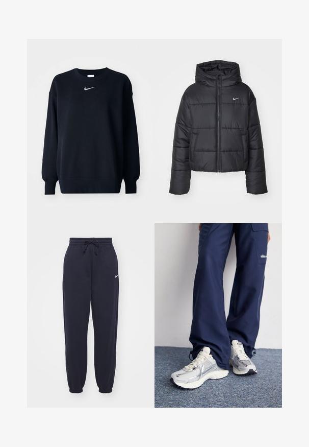 Sort pufferjakke lavet af nylon, med lynlåslukning foran, hætte og to forlommer. Designet inkluderer syede sektioner og et lille logo.; Sort sweatshirt lavet af bomuldsblanding; ribbet rund hals, lange ærmer og elastiske manchetter; har et lille sølvfarvet Nike-logo på brystet.; Nike joggingbukser i navyblå, lavet af blødt materiale. Har en elastisk talje med snor og manchetter ved anklerne. Lille hvidt logo accenter.; Nike sportssko med en sølvfarvet mesh-overdel, hvide detaljer og strukturerede såler, parret med løstsiddende navy bukser.
