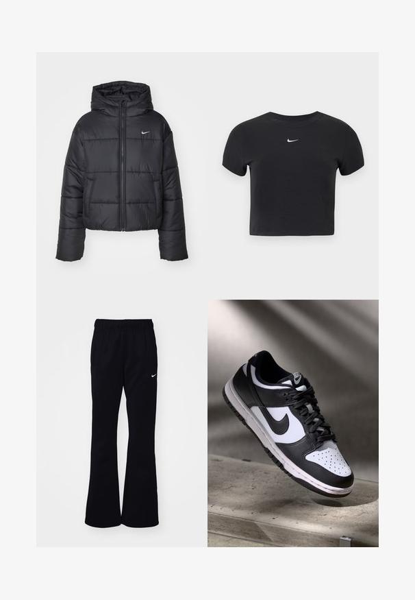 Zwarte pufferjack van nylon, met een rits aan de voorkant, een capuchon en twee vo pockets. Het ontwerp heeft gestikte secties en een klein logo.; Zwart cropped t-shirt van katoen, met een ronde hals en korte mouwen. Opvallend wit Nike-logo op de borst.; Zwarte joggingbroek met een elastische tailleband, uitlopende pijpen, twee zijzakken en een wit Nike-logo aan de linkerkant.; Zwart-witte Nike Dunk Low sneaker met een leren bovenwerk, geperforeerde neus, en zwarte veters, met een witte zool en logo-accenten.