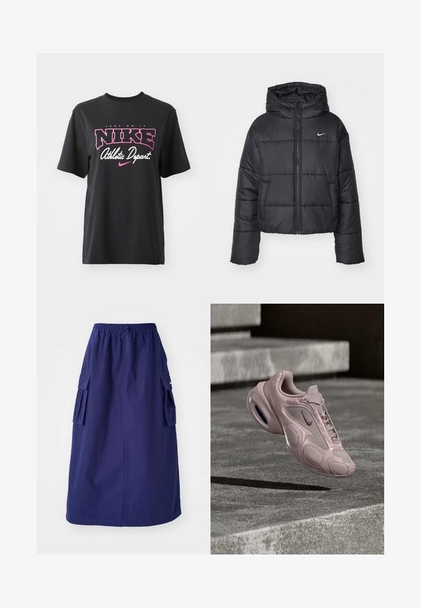 Sort pufferjakke lavet af nylon, med lynlåslukning foran, hætte og to forlommer. Designet inkluderer syede sektioner og et lille logo.; Sort bomulds T-shirt med grafisk print i pink og hvid med teksten "JUST DO IT," "NIKE," og "Athletic Depart." Standard pasform.; Marineblå, mellemlang nederdel med elastisk talje, der har to sidelommer og et minimalistisk logodesign. Glat stofstruktur.; Nike-sneaker i lyserød med øvre del af mesh, rundet sål og synlig polstring. Glat tekstur med præget detaljer.