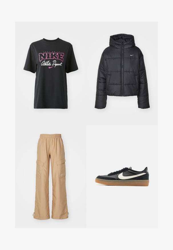 Chaqueta de plumas negra hecha de nailon, con cierre de cremallera frontal, capucha y dos bolsillos delanteros. El diseño incluye secciones cosidas y un pequeño logotipo.; Camiseta de algodón negra con un estampado gráfico en rosa y blanco que incluye el texto "JUST DO IT", "NIKE" y "Departamento Deportivo". Corte estándar.; Nike Sportswear TREND - Pantalones cargo - hemp; Zapatilla deportiva negra con parte superior de cuero texturizado, logo swoosh blanco y suela de goma. Diseño con cordones y acolchado en el collar.