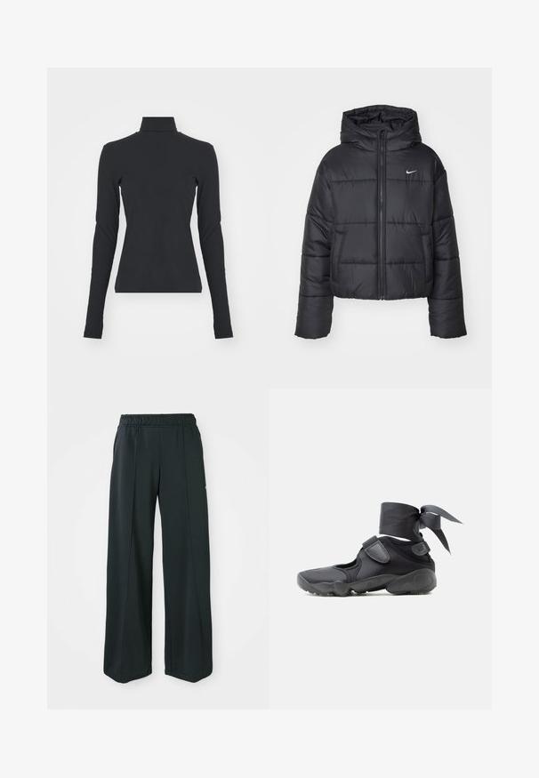 Sort pufferjakke lavet af nylon, med lynlåslukning foran, hætte og to forlommer. Designet inkluderer syede sektioner og et lille logo.; Sort ribbet turtle neck bluse med lange ærmer, tætsiddende pasform, glat tekstur og subtil stræk, designet til komfort og lagdeling.; Sorte, brede atletiske bukser med elastisk talje. Lavet af glat, strækbart stof, med diskrete frontsyninger og ingen lommer.; Sort atletiksko med udskæringer, velcrolukninger og ankelrem bundet i en sløjfe, vist fra siden på en hvid baggrund.