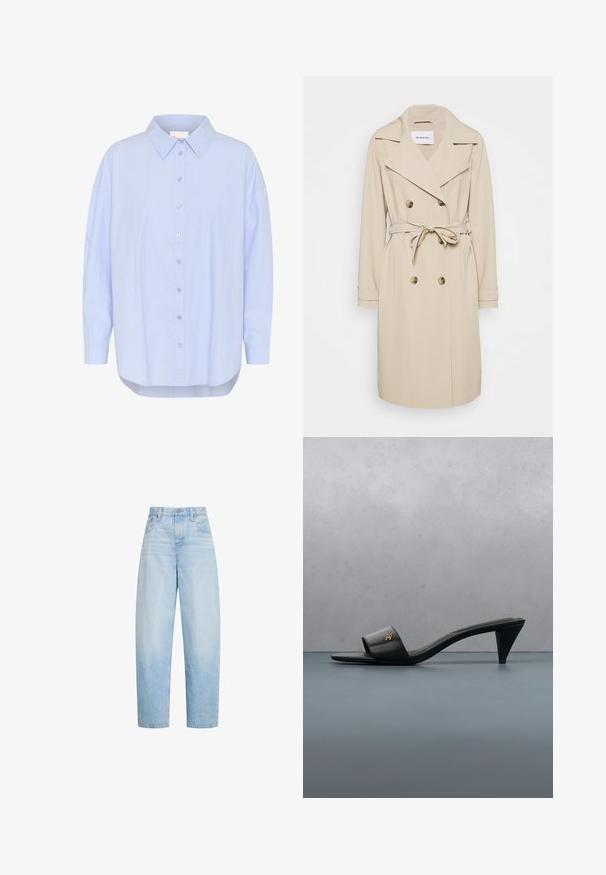 Beige trenchcoat lavet af et glat stof. Har en dobbeltradet front, brede klapper, en bælteomgivet talje og sidelommer.; Lys blå skjorte med knapkrave, lange ærmer og bølget kant. Glat tekstur med synlige knapdetaljer.; Lyseblå jeans med højtaljede og lige ben, med forlommer, bælteløkker og knaplukning.; Sort læder åben-toe sandal med hæl og guld logo på remmen, der svæver over en flisebelagt udendørs overflade med grønne planter i baggrunden.