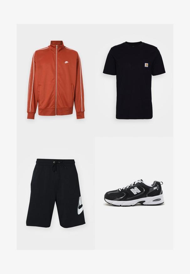 Chaqueta deportiva con cremallera color naranja óxido, con ribetes blancos en las mangas y pequeño logo blanco de Nike en el pecho izquierdo.; Camiseta de algodón negra con mangas cortas, cuello redondo y un bolsillo en el pecho que presenta un pequeño parche de logo cuadrado. Diseño simple y sólido.; Pantalones cortos de algodón negro con cintura elástica y cordón, bolsillos laterales y gran logo blanco de Nike impreso en el muslo izquierdo. Diseño atlético clásico.; Zapatillas deportivas en negro y gris con parte superior de malla y ante, que cuentan con una entresuela blanca, cordones y un llamativo logo "N" en el lateral.