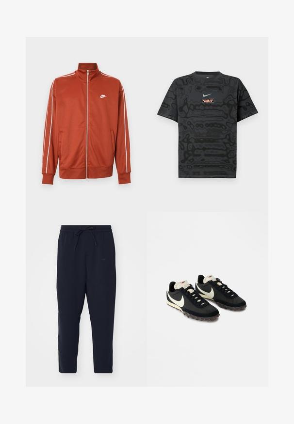 Rustorange sportstrøje med lynlås, hvide striber på ærmerne og lille hvid Nike-logo på venstre bryst.; Sort T-shirt med et tekstureret mønster, der har en lille Nike-logo i lyseblå og en rektangulær logo-patch i kontrastfarver.; Mørkeblå joggerbukser lavet af blødt stof, med elastisk talje og snor, tapered ben og sidelommer.; Sorte sportssko med en struktureret overdel, hvid swoosh-logo og gummisål med små stik til trækkraft. Elfenbensfarvet krave.