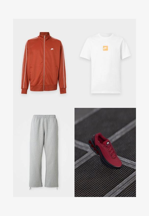 Rustorange sportstrøje med lynlås, hvide striber på ærmerne og lille hvid Nike-logo på venstre bryst.; Hvid kortærmet bomuldst-shirt med lille orange firkant på brystet, der har hvidt Nike-logo og swoosh.; Grå sweatpants med elastisk talje, lige ben og snoretræk ved kanten. Fremstillet af blødt, struktureret stof.; Rød sneakers med en tekstureret overdel, der har sorte accenter og et fremtrædende design med luftcushioning sål. Snørebånd og logo er synlige ovenpå.