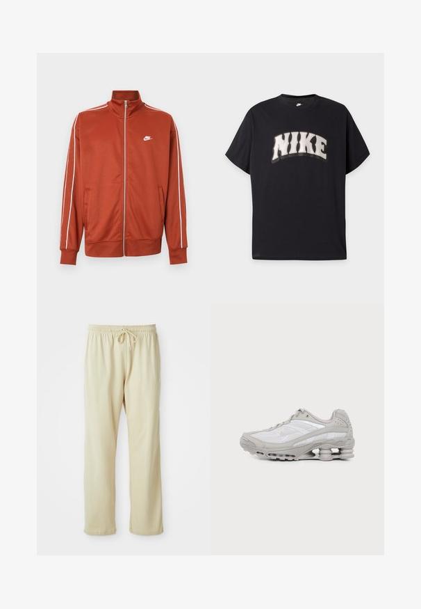 Roestoranje sportjack met ritssluiting, witte bies op de mouwen en een klein wit Nike-logo op de linkerborst.; Zwart T-shirt met korte mouwen met grote witte "NIKE" tekst in vetgedrukte, golvende stijl over de borst en een klein wit Nike-logo aan de binnenkant van de kraag.; Lichtbeige sweatpants met een trekkoord in de taille, taps toelopende pijpen en een zachte textuur. Heeft een subtiel merkje op het onderbeen.; Grijze en witte sportschoen met meshpanelen, vetersluiting en een unieke veerachtige zool voor demping en ondersteuning.