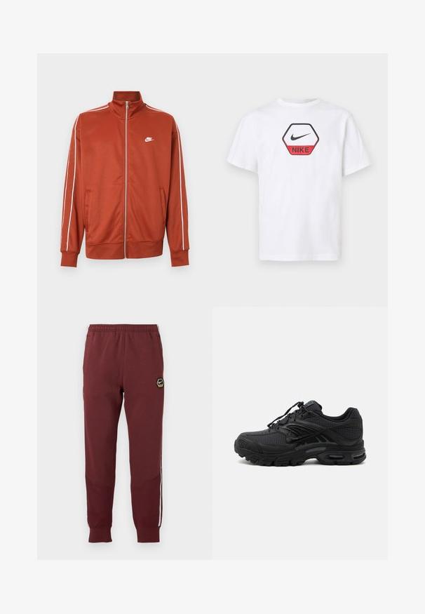 Roostevärvi oranž tõmblukuga spordijakk valge torustikuga varrukatel ja väike valge Nike logo vasakul rinnal.; Valge lühikeste varrukatega Nike T-särk, mille rinnal on punase ja musta kuusnurkse kujuga logo, millel on Nike Swoosh ja brändinimi.; Bordoo dressipüksid kuusnurkse Nike logoga, elastse vöökohtaga, kahe külgtaskuga ja valgete külgtriipudega. Struktuurne kangas ja kitsenev jalgade disain.; Mustad sportlikud tossud tekstuurse kangaga, paksu polsterdatud tallaga, õhuavade ja paeltega kinnitusega, esitatud küljelt hele taust.