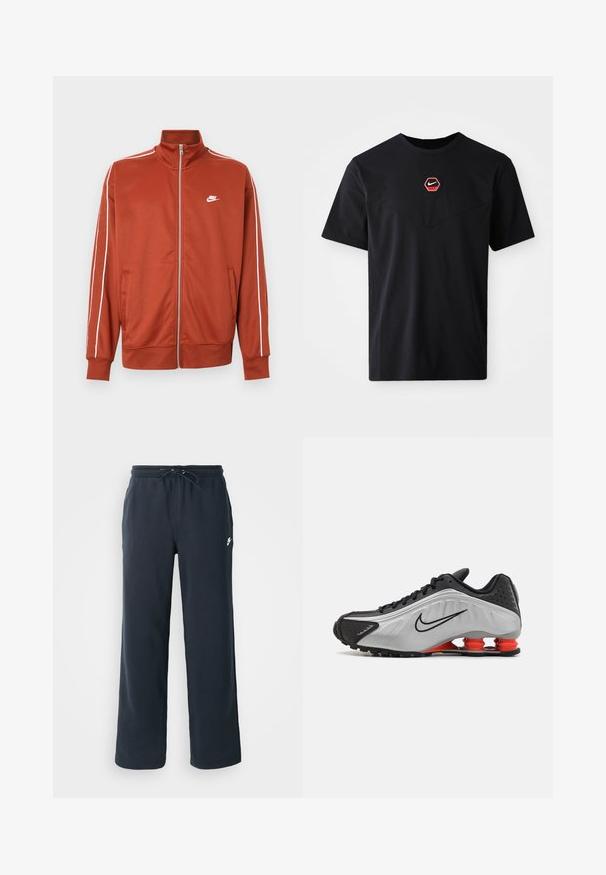 Športová bunda na zips v odtieni hrdzavo oranžovej farby s bielym lemovaním na rukávoch a malým bielym logom Nike na ľavej strane hrudníka.; Čierne tričko s krátkym rukávom z bavlny, s červeno-bielym šesťuholníkovým logom Nike na hrudi a zaobleným výstrihom.; Tmavomodré tepláky s elastickým pásom a šnúrkou. Vyrobené z mäkkej látky, s malým bielym logom na ľavom boku.; Čierna a strieborná atlétická obuv s textúrovaným zvrškom, výraznými drážkami a červenými tlmiacimi prvkami na päte pre podporu. Nízky strih.