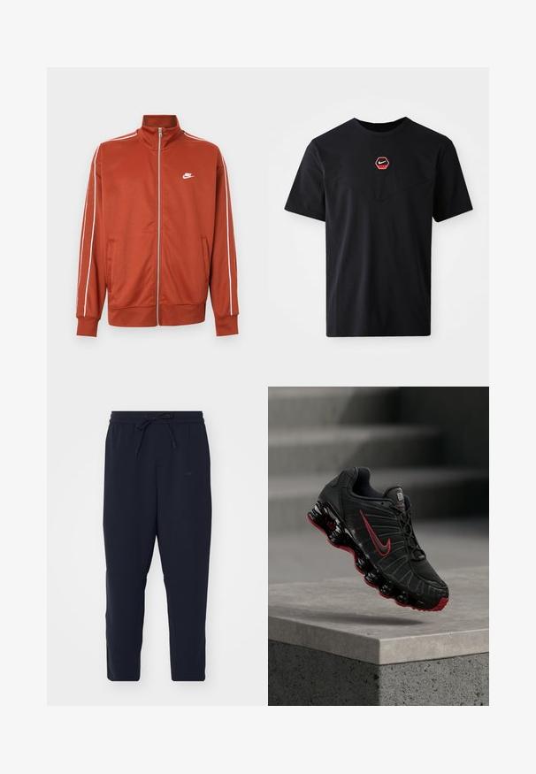 Športová bunda na zips v odtieni hrdzavo oranžovej farby s bielym lemovaním na rukávoch a malým bielym logom Nike na ľavej strane hrudníka.; Čierne tričko s krátkym rukávom z bavlny, s červeno-bielym šesťuholníkovým logom Nike na hrudi a zaobleným výstrihom.; Námořnické jogger nohavice vyrobené z jemného materiálu, s elastickým pasem na šnúrku, zúženými nohavicami a bočnými kapsami.; Čierno-červená športová obuv Nike s viditeľnou pružinovou podrážkou, balansujúca na okraji betónového schodu.