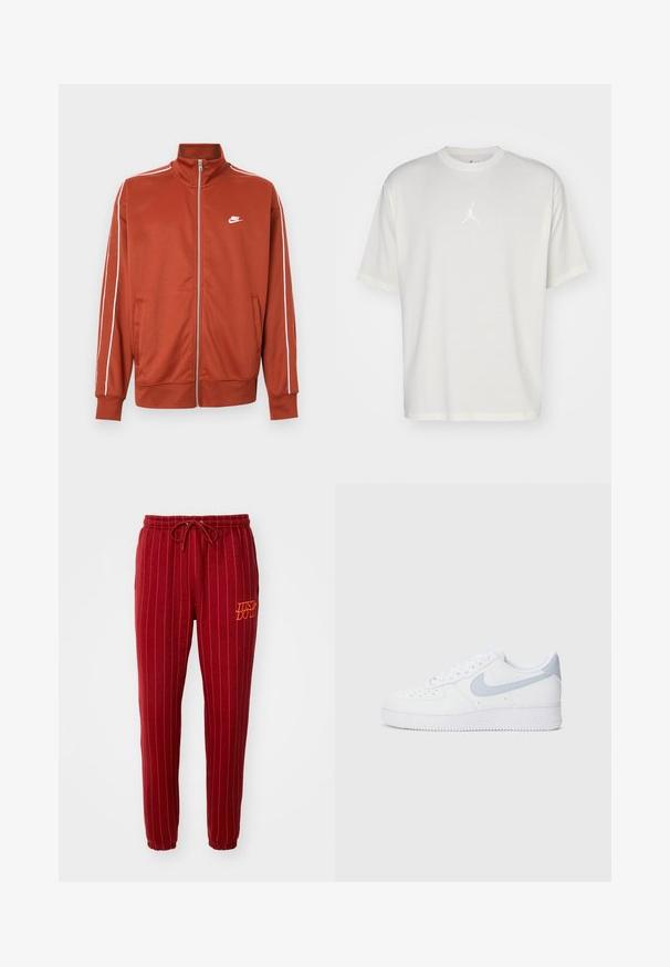 Roestoranje sportjack met ritssluiting, witte bies op de mouwen en een klein wit Nike-logo op de linkerborst.; Witte katoenen t-shirt met een ronde halslijn, korte mouwen en een klein geborduurd logo in het midden. Losse pasvorm met minimale stiksels.; Rode gestreepte joggingsbroek met elastische tailleband en trekkoord. Voorzien van de tekst "JUST DO IT" geborduurd in oranje. Zachte stof met tapered leg ontwerp.; Nike Sportswear AIR FORCE 1 07 ESS - Sneakers laag - white/ghost