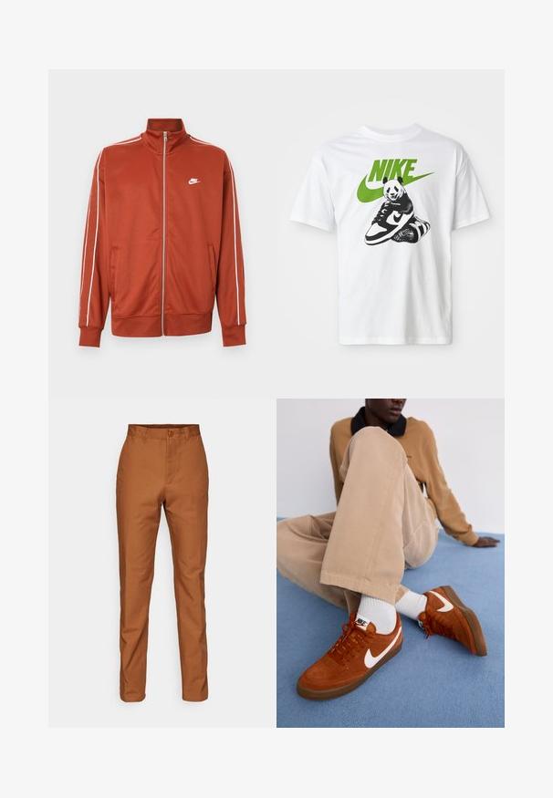 Chaqueta deportiva con cremallera color naranja óxido, con ribetes blancos en las mangas y pequeño logo blanco de Nike en el pecho izquierdo.; Camiseta de algodón blanca con un gráfico en blanco y negro de un panda sosteniendo una zapatilla Nike, con un logotipo de Nike verde arriba.; Pantalones de algodón marrón con un corte recto, presentan un cierre de botón y bolsillos laterales. Textura suave con un color uniforme en toda la prenda.; Zapatillas de ante marrón con el logo de Nike en blanco y suelas de goma, combinadas con pantalones beige claros y calcetines cortos blancos sobre una superficie azul.
