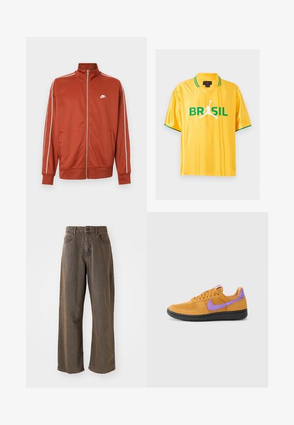 Ruosteenoranssi vetoketjullinen urheilutakki, jossa valkoiset saumat hihoissa ja pieni valkoinen Nike-logo vasemmassa rinnassa.; Keltainen lyhythihainen urheilupaita, jossa on vihreät reunat kauluksessa ja hihoissa, "BRASIL"-teksti ja valkoinen koripalloilijan siluetti edessä.; Haarallega, ruskeat farkut napissa, vyölenkeillä ja etutaskuilla. Kangas on hieman haalistunut.; Oranssi nupukkinahkainen tennari, jossa on violetit yksityiskohdat. Kenkässä on nauhoitus, pyöreä kärki ja tekstuuroitu musta kumipohja.
