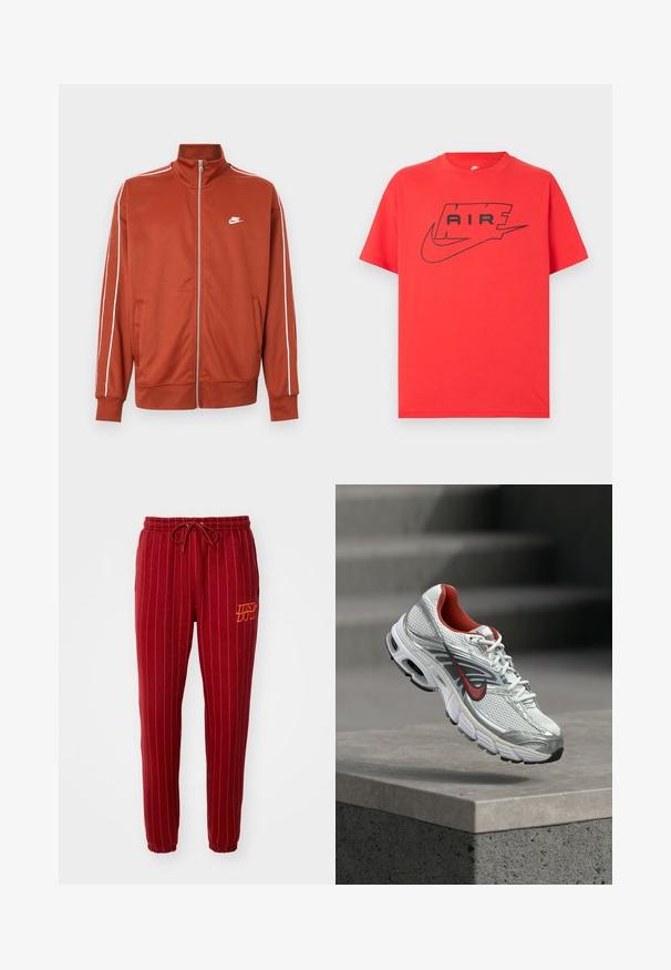 Rustorange sportstrøje med lynlås, hvide striber på ærmerne og lille hvid Nike-logo på venstre bryst.; Rød bomulds-T-shirt med sort Nike-logo og teksten "AIR". Korte ærmer og rund halsudskæring med en afslappet pasform. Glat tekstur.; Røde stribede sweatpants med elastisk talje og snøre. Har "JUST DO IT" broderet i orange. Blødt stof med tapered ben design.; Hvid og sølv Nike løbesko med røde accenter, der svæver over en betonkant og viser dens side- og såldetaljer.
