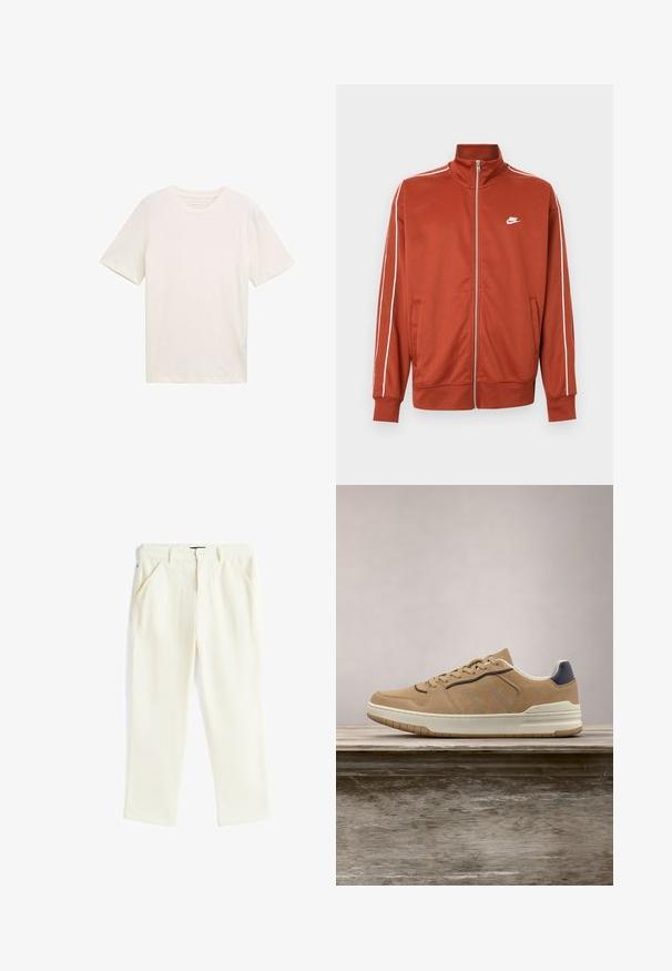 Rustorange sportstrøje med lynlås, hvide striber på ærmerne og lille hvid Nike-logo på venstre bryst.; Kortærmet T-shirt med rund hals i off-white bomuld. Har en afslappet pasform med glat tekstur og ingen bemærkelsesværdige mønstre eller accenter.; Lyscremede bukser lavet af tekstureret stof, med forlommer, lynlås og enkelt knaplukning. Lige ben design.; Beige ruskinds sneakers med hvid gummisål, featuring beige snørebånd, navy-blue accenter og perforerede detaljer på tåboksen.