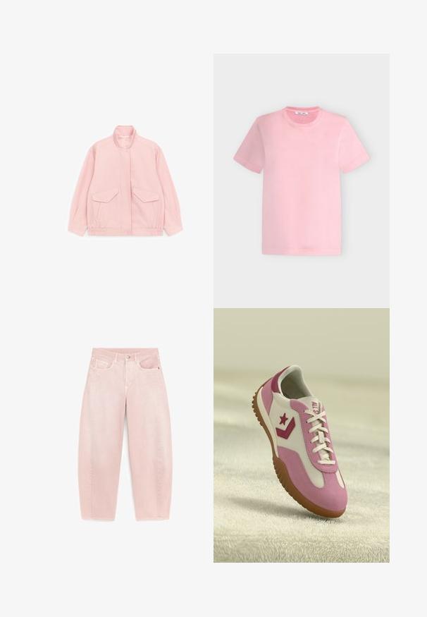 Lichtroze jas met hoge kraag, voorsluiting met drukknopen, twee klepzakken en elastische zoom en manchetten.; Kortärmelig roze T-shirt met ronde hals en een effen ontwerp op een lichtgrijze achtergrond.; Lichtroze jeans met een hoge taille, voor centrale sluiting met knopen en ritssluiting, riemlussen, twee voorzakken en een ontspannen, rechte pasvorm.; Roze en witte sneaker met rubberen, gestructureerde zool. Bevat een sterlogo en contrasterende accenten. Glad bovenwerk met vetersluiting.