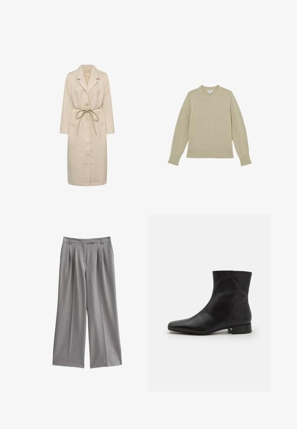 Beige langer Mantel aus strukturiertem Stoff, mit einem Reverskragen, einer einzigen Knopfverschluss und einem Taillengürtel. Enthält Seitentaschen.; Beige Strickpullover mit Rundhalsausschnitt, geripptem Saum und Bündchen. Leicht strukturiertes Gewebe mit gestickten Details entlang der Ärmel.; Graue weit geschnittene Hosen mit gefaltetem Vorderteil, aus einem glatten Stoff gefertigt. Sie besitzen einen flachen Bund mit Gürtelschlaufen und seitlichen Taschen.; Schwarze Lederknöchelstiefel mit spitz zulaufender Zehe, glatter Textur, minimalistischem Design und niedrigem Blockabsatz. Der seitliche Reißverschluss reicht bis zum Knöchel.