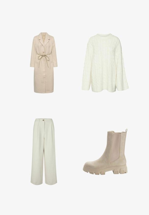 Manteau long beige en tissu texturé, avec un col à revers, une fermeture à un bouton et une ceinture à la taille. Comprend des poches latérales.; Pull en maille torsadée crème avec un col rond, des manches longues et des bords côtelés, présentant un motif texturé sur l'ensemble. Léger et confortable.; Pantalon crème taille haute à jambes larges avec passants de ceinture, fermeture par bouton et plis à l'avant, conçu pour une coupe décontractée.; Bottines Chelsea beiges avec un cuir lisse et des panneaux latéraux élastiques. Semelle en caoutchouc épaisse et robuste avec un motif de traction distinctif et une languette.