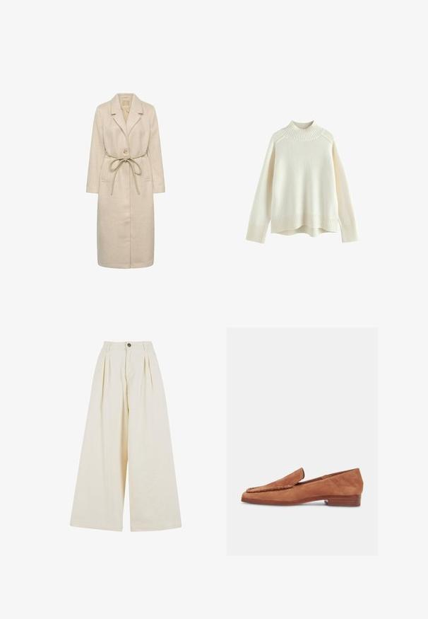 Beige langer Mantel aus strukturiertem Stoff, mit einem Reverskragen, einer einzigen Knopfverschluss und einem Taillengürtel. Enthält Seitentaschen.; Cremfarbener Pullover mit einem gerippten Stehkragen, langen Ärmeln und lockerer Passform. Strukturiertes Strickmaterial und gerippte Saumdetails am unteren Rand.; Cremefarbene, weite Hosen mit Falten, hoher Taille, einem Knopfverschluss und weichem Baumwollstoff. Sanfte Textur und komplette Länge.; Brauner Wildleder-Loafer mit geflochtenem Besatz, flachem Holzabsatz und Schlupfdesign, seitlich vor weißem Hintergrund gezeigt.