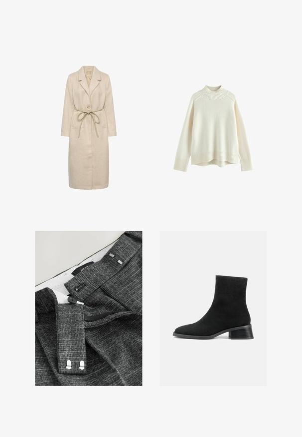 Beige lang frakke lavet af tekstureret stof, med reverskrave, enkelt knaplukning og en taljebånd. Inkluderer sidelommer.; Cremefarvet sweater med ribbet høj hals, lange ærmer og en afslappet pasform. Struktureret strikstof og ribbestykke detalje i bunden.; Grå teksturerede bukser har en knaplukning, lynlås og stofbæltestropper, med en hvid indvendig foring og markante stikninger.; Sort ruskind ankelstøvle med rund tå, kort skaft og lav stablet hæl. Glat tekstur uden synlige mønstre eller pynt.