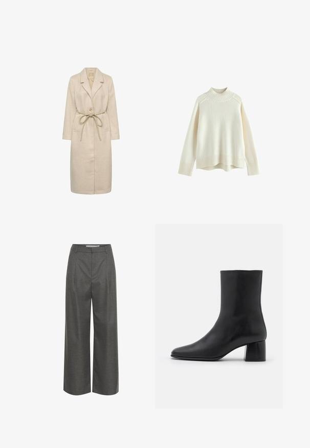 Beige lang frakke lavet af tekstureret stof, med reverskrave, enkelt knaplukning og en taljebånd. Inkluderer sidelommer.; Cremefarvet sweater med ribbet høj hals, lange ærmer og en afslappet pasform. Struktureret strikstof og ribbestykke detalje i bunden.; Grå brede bukser lavet af struktureret stof, med høj talje og frontfolder, uden synlige lommer eller hardware detaljer.; Sorte læder ankelstøvler med spids tå og en kraftig firkantet hæl. Glat overflade med et sømløst design og minimalistisk syning.