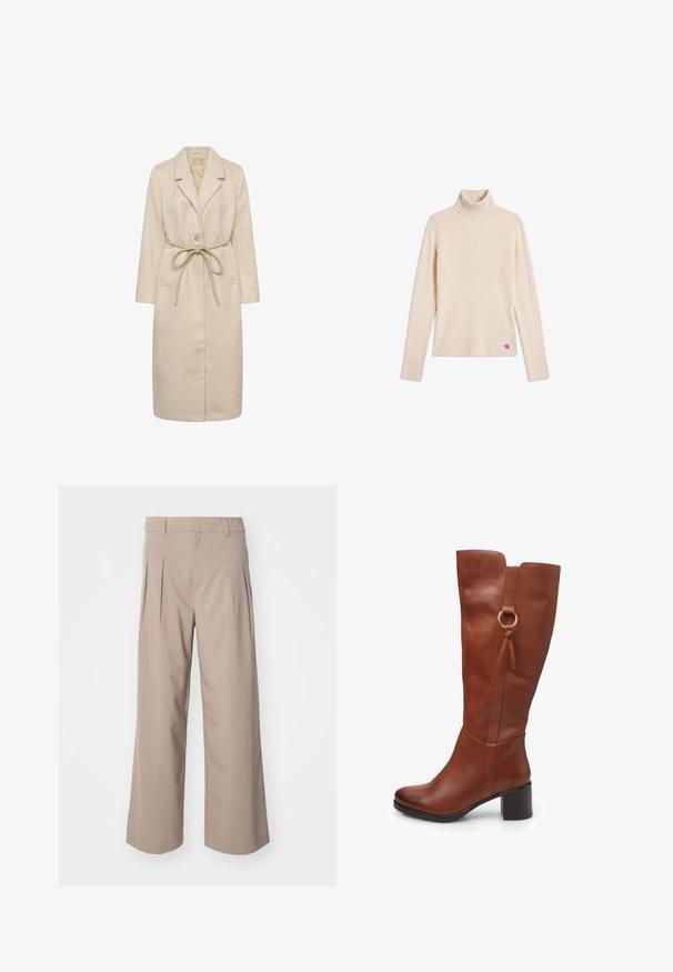 Beige lang frakke lavet af tekstureret stof, med reverskrave, enkelt knaplukning og en taljebånd. Inkluderer sidelommer.; Beige ribstrikket langærmet turtleneck sweater med et lille logopatch nær den nederste kant på en hvid baggrund.; Beige brede bukser med læg, lavet af glat stof. Har en mellemhøj talje og en ren, skræddersyet silhuet.; Brun læder knæhøj støvle med rundet tå, chunky hæl, sides lynlås og dekorativ ringdetalje nær toppen. Glat tekstur.