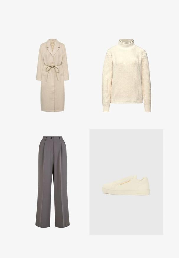 Beige long coat valmistatud tekstuuriga kangast, millel on nurgeline krae, ühe nupuga kinnitamine ja vöö. Sisaldab küljetaskuid.; Kermainen pooloneule, jossa on teksturoitu ribbikuvio, löysä istuvuus ja pitkät hihat, valmistettu pehmeästä neulemateriaalista.; Vettäväriset leveälahkeiset housut harmaasta kankaasta, joissa on etutaskut, yhden napin sulkeminen ja sivutaskut. Sileä rakenne ja räätälöity muotoilu.; Kerman slip-on kengät, joissa on sileä pinta, ja kohotettu logokuva sekä minimalistinen muotoilu. Paksu kumipohja tarjoaa tukea.