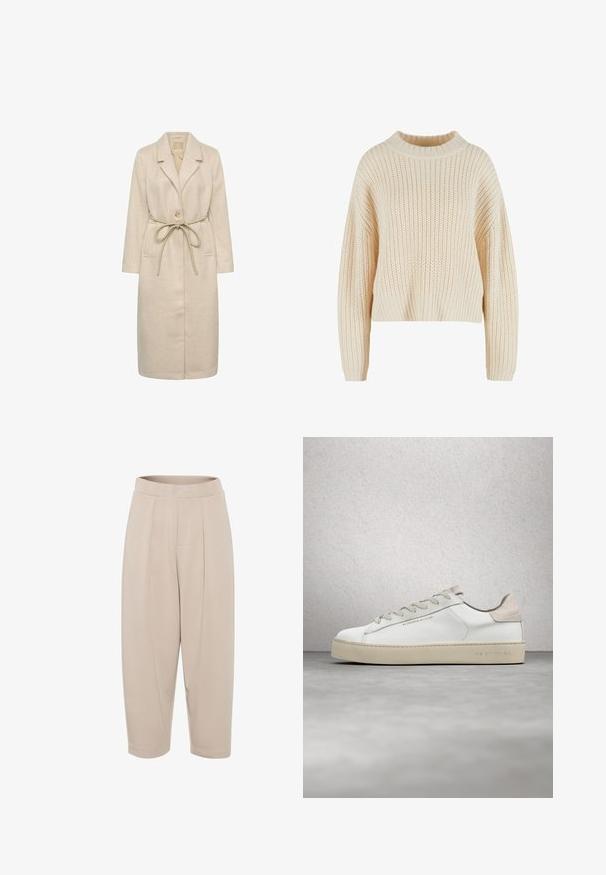 Manteau long beige en tissu texturé, avec un col à revers, une fermeture à un bouton et une ceinture à la taille. Comprend des poches latérales.; Pull en tricot crème avec un col haut en côtes, des manches larges et un motif texturé sur l'ensemble. Design court avec un ourlet en côtes.; Pantalons beiges de mi-longueur en tissu doux. Comprend une taille large, des plis avant et des jambes fuselées avec des ourlets retroussés.; Sneaker en cuir blanc avec une finition lisse, accents en suède beige, bout arrondi, design à lacets plats et semelle en caoutchouc texturée.