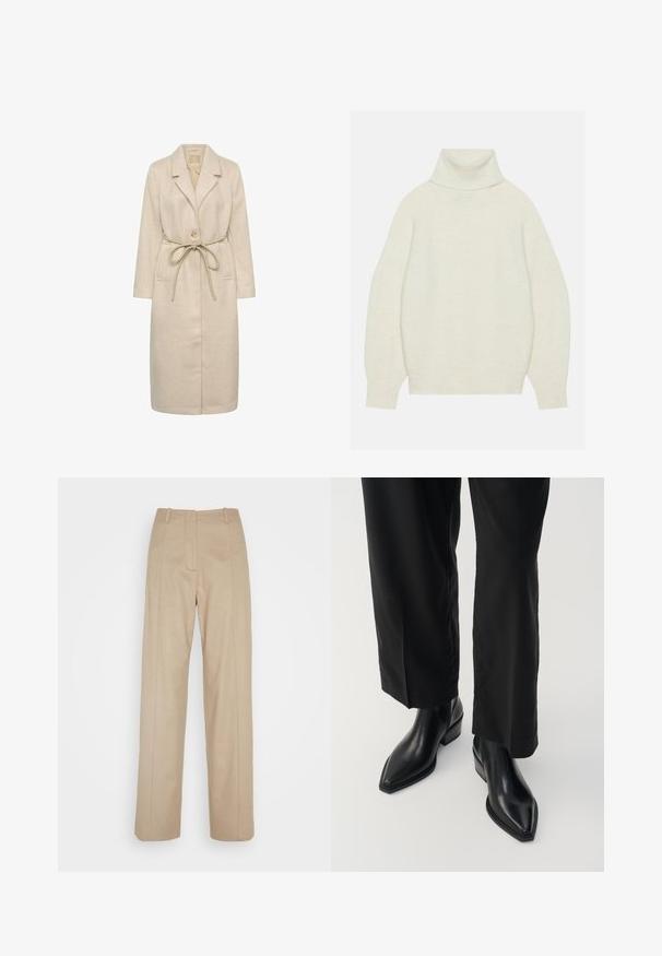 Beige langer Mantel aus strukturiertem Stoff, mit einem Reverskragen, einer einzigen Knopfverschluss und einem Taillengürtel. Enthält Seitentaschen.; Turtleneck-Pullover in Creme, aus weichem Strickmaterial gefertigt. Verfügt über einen lockeren Schnitt, Raglanärmel sowie gerippte Bündchen und Saum.; Calvin Klein TAILORED STRAIGHT PANT - Stoffhose - cinder; Schwarze Leder-Ankle-Boots mit spitzer Zehe, glatter Textur und quadratischem Absatz. Kombiniert mit schwarzen, weiten Hosen, die eine elegante Silhouette erzeugen.