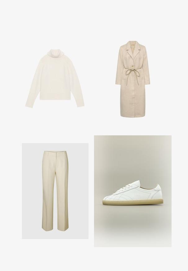 Beige lang frakke lavet af tekstureret stof, med reverskrave, enkelt knaplukning og en taljebånd. Inkluderer sidelommer.; Lyscreme turtleneck sweater med ribbet tekstur, raglanærmer og tætsiddende kant. Blødt materiale og afslappet silhuet.; Beige vide ben bukser med skræddersyet design, der har en glat front, sidelommer og et blødt, struktureret stof.; Hvid lavtop lædersneaker med beige sål, snøredesign og subtile syede mønstre på neutral baggrund.