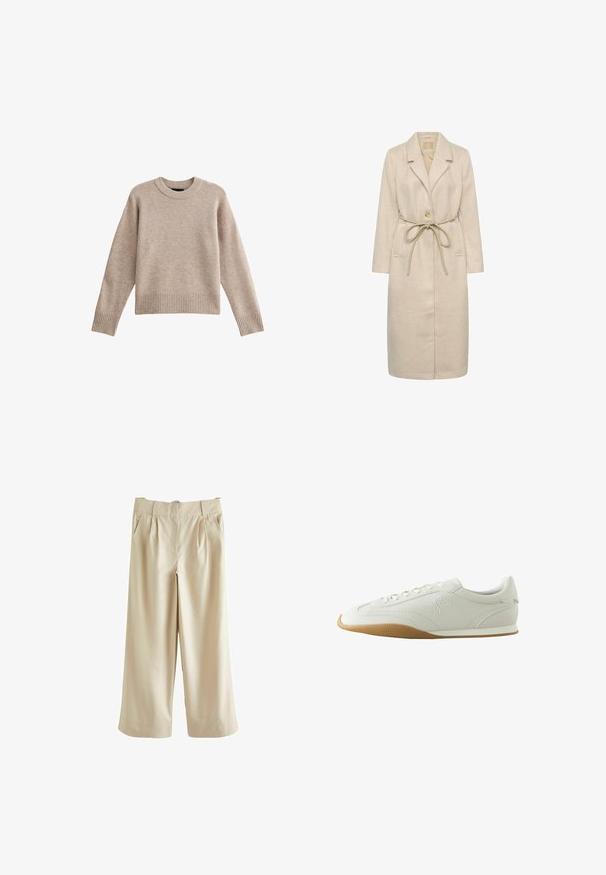 Manteau long beige en tissu texturé, avec un col à revers, une fermeture à un bouton et une ceinture à la taille. Comprend des poches latérales.; Pull en tricot beige avec un col rond, des poignets et un ourlet côtelés. La texture du tissu est douce avec un motif subtil. Conception à coupe décontractée.; Next SMART WIDE LEG - Pantalon classique - stone; Baskets basses blanches avec semelle en caoutchouc marron, détails de couture, fermeture à lacets à l'avant et logo brodé sur le côté.