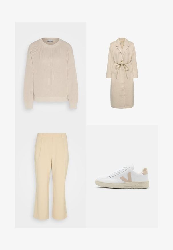 Beige lang frakke lavet af tekstureret stof, med reverskrave, enkelt knaplukning og en taljebånd. Inkluderer sidelommer.; Anna Field by Zalando Striktrøje - grey; Esprit Collection PLEATED CULOTTE - Bukser - sand; Hvide sneakers med beige suede detaljer, rund tå og hvide snørebånd. Tekstureret gummisål og logo detaljer på hælen.