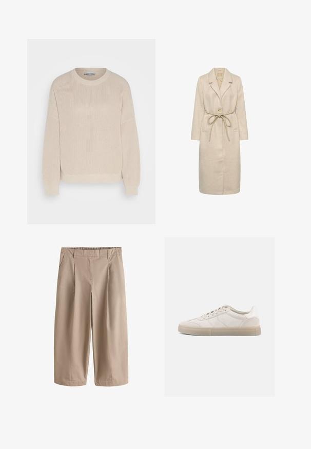 Beige lang frakke lavet af tekstureret stof, med reverskrave, enkelt knaplukning og en taljebånd. Inkluderer sidelommer.; Anna Field by Zalando Striktrøje - grey; Beige vide bukser med korte ben, forrest med plisseringer, sidelommer, bæltestropper og en tætsiddende talje.; Beige ruskindssneakers med lav profil, der har en struktureret overdel, tonale sømme og en lys gummisål. Snørebånd fuldender designet.
