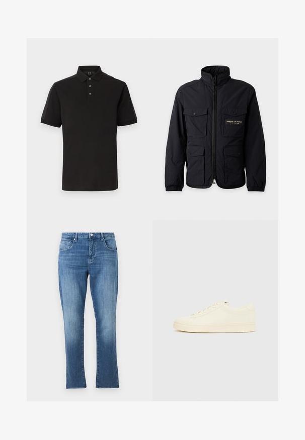 Veste noire zippée avec quatre poches à rabat à l'avant et étiquette "Armani Exchange Milano New York" sur la poche poitrine supérieure gauche.; Polo noir à manches courtes avec trois boutons, col classique et détails ton sur ton subtil sur les épaules et les manches.; Jean en denim bleu avec une coupe droite, fermeture avant par bouton et fermeture éclair, et conception à cinq poches, présenté sur un fond uni clair.; Baskets couleur crème avec une tige en cuir lisse, bout arrondi, laçage à l'avant et semelle en caoutchouc texturée. Design minimaliste, sans logo.