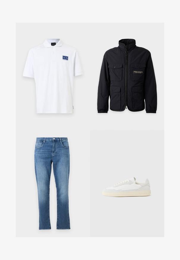 Veste noire zippée avec quatre poches à rabat à l'avant et étiquette "Armani Exchange Milano New York" sur la poche poitrine supérieure gauche.; Polo blanc à manches courtes avec col, patte à deux boutons, et écusson logo bleu Armani Exchange sur la poitrine gauche.; Jean en denim bleu avec une coupe droite, fermeture avant par bouton et fermeture éclair, et conception à cinq poches, présenté sur un fond uni clair.; Baskets blanches avec dessus en daim et cuir texturé. Caractérisées par un bout arrondi, une fermeture à lacets et une semelle en caoutchouc beige contrastante.