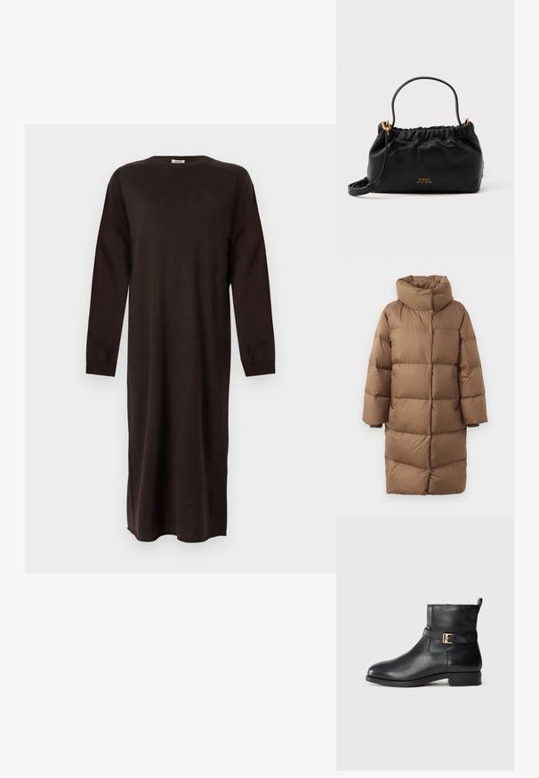 Brun oppustet frakke med høj krave, lynlås fortil og ribbede manchetter. Konstrueret med en puffy tekstur og rektangulært quiltet design.; DRYKORN RIMONE - Strikkjoler - brown; Sort læderankelstøvle med lav hæl, dekorativ rem og guldspænde mod en neutral baggrund.; Sort lædertaske med samlet top, en kort hank og en aftagelig skulderrem. Funktionen inkluderer guldlogo accenter og en glat tekstur.