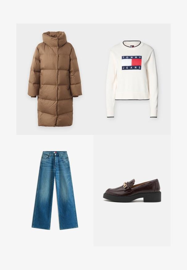 Brun oppustet frakke med høj krave, lynlås fortil og ribbede manchetter. Konstrueret med en puffy tekstur og rektangulært quiltet design.; Hvid langærmet strikket sweater med ribkanter, med et Tommy Jeans-logo påsat i rød, hvid og marineblå på forsiden.; Blå jeans med vide ben, forlommer, bæltestropper, knaplukning og små detalje med mærkeflag på lommen og i taljen.; Brune læder loafer med en guldaccent spænde, sort blokhælt og en glat tekstur. Sidevisningen viser en rund tå og stikninger.