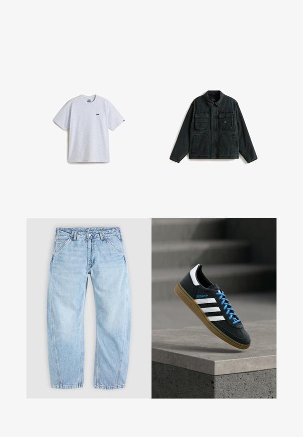 Dunkelgrüne Jeansjacke mit Kragen, zwei Brusttaschen und Seitentaschen. Verfügt über kontrastierende Nähte und ein dezentes Logo-Patch.; Helles graues T-Shirt mit kurzen Ärmeln aus Baumwolle, das ein kleines schwarzes Logo auf der Brust und einen Rundhalsausschnitt aufweist. Einfaches Design, keine Muster.; Hellblaue Jeans aus Denim mit entspannter Passform, vorderem Knopf- und Reißverschluss, schrägen Vordertaschen und Gürtelschlaufen.; Schwarzer Adidas-Sneaker mit weißen Streifen, blauen Schnürsenkeln und Gummisohle, der über einer grauen Betontreppe im weichen Licht schwebt.