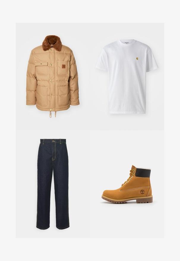 Chaqueta tipo puff de color marrón con un collar de piel sintética marrón, dos bolsillos en el pecho y dos bolsillos inferiores. Presenta herrajes dorados y un dobladillo con cordón.; Camiseta de algodón blanca con mangas cortas, cuello redondo, que presenta un pequeño logo dorado en la parte izquierda del pecho. Textura suave y corte regular.; Jeans de mezclilla oscuros de pierna ancha con costuras amarillas, que cuentan con un cierre frontal de botón y bolsillos laterales. Textura suave y diseño tradicional.; Botín de cuero marrón con ojales de metal, forro de piel sintética blanca, cuello acolchado negro, suela resistente y logotipo en relieve en el costado.