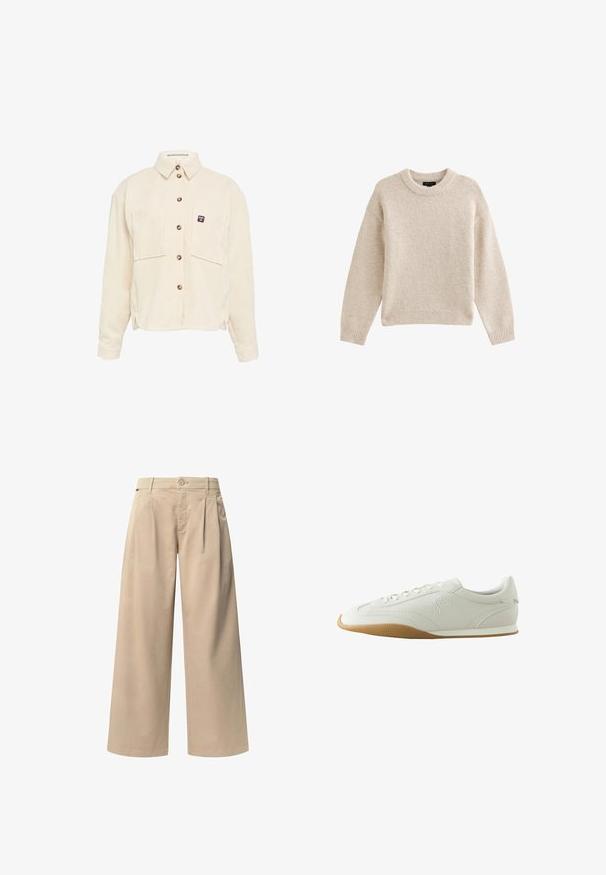 Crème corduroy overhemd met een knoopsluiting aan de voorkant, twee borstzakken en een klein label. Beschikt over een klassiek kraag en ribbeltextuur.; Beige gebreide trui met een ronde halslijn, lange mouwen en geribbelde zoom. Gelaagd stof met een zachte uitstraling. Eenvoudig en veelzijdig ontwerp.; Beige wijde broek met twee voorplooien, een knoopsluiting en een gladde textuur. Ontworpen voor comfort en een losse pasvorm.; Witte lage sneaker met bruine rubberen zool, stikseldetails, veterluiting aan de voorkant en geborduurd logo aan de zijkant.