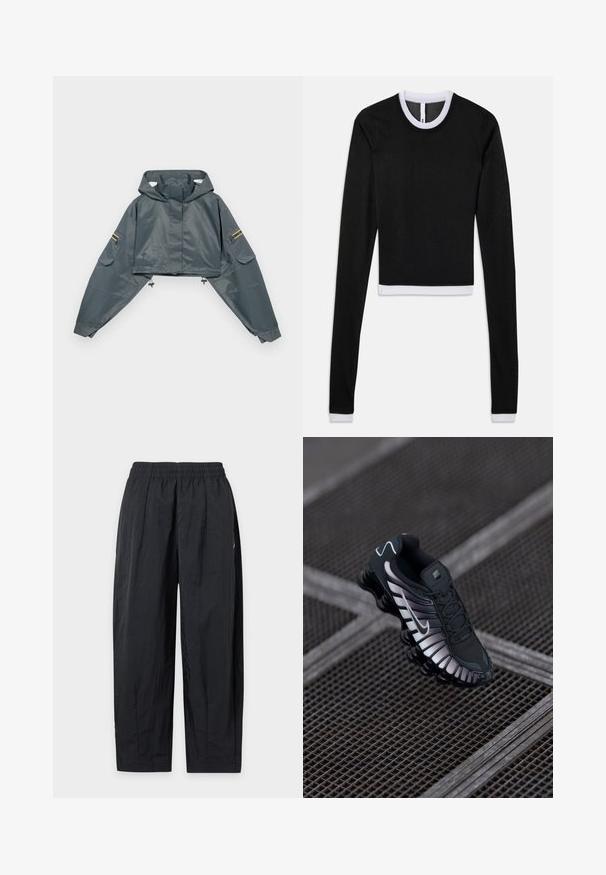 Korte grijze regenjas met capuchon, lange mouwen, elastische zoom, twee zijzakken en gele accenten op de linkermouw. Soepele textuur.; Zwart cropped top met lange mouwen, voorzien van een witte geribbelde kraag en manchetten, gemaakt van een gladde stof. Heeft een ronde halslijn en een slanke pasvorm.; Zwarte, loszittende broek met elastische tailleband, gemaakt van lichtgewicht stof, plat weergegeven tegen een witte achtergrond.; Zwarte sportschoen met een geprofileerde bovenkant van mesh, zilveren accenten, ondersteuning voor de voetenboog en een gevoerde zool met een duidelijk gesegmenteerd ontwerp.